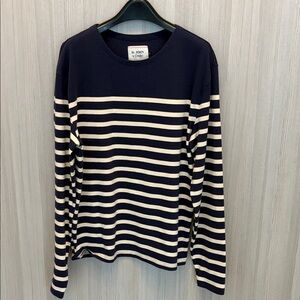 Drake's - St. John's Bay Men's Long Sleeve Navy and White Striped Tee - Size M